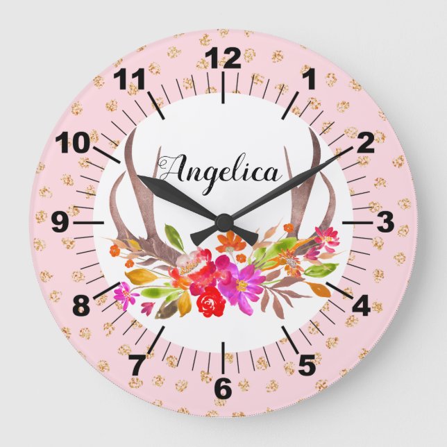 Grande Horloge Ronde Bois de cerf floraux personnalisés (Recto)