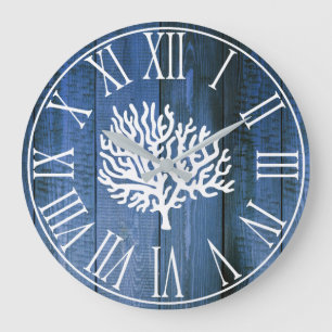 Grande Horloge Ronde Bois de Faux nautique et silhouette bleus de
