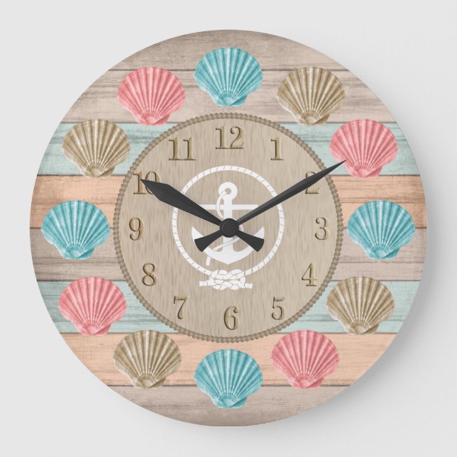 Grande Horloge Ronde Bois de plage Coquillages marins et Ancre (Recto)