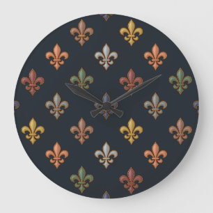 Grande Horloge Ronde Bois de Terre Sombre Motif Fleur-de-lis