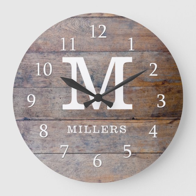 Grande Horloge Ronde Bois désossé rustique Nom de famille Monogramme (Recto)
