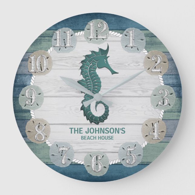 Grande Horloge Ronde Bois et hippocampe de plage nautique - Bleu sarcel (Recto)