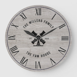 Grande Horloge Ronde Bois gris rustique Texture Fam House Numéros romai