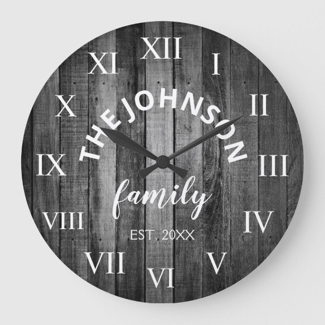 Grande Horloge Ronde Bois Nom de famille personnalisé Rustic Farmhouse (Recto)
