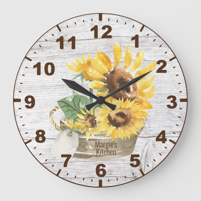 Grande Horloge Ronde Bois rustique Aquarelle Fleurs de soleil jaunes (Recto)