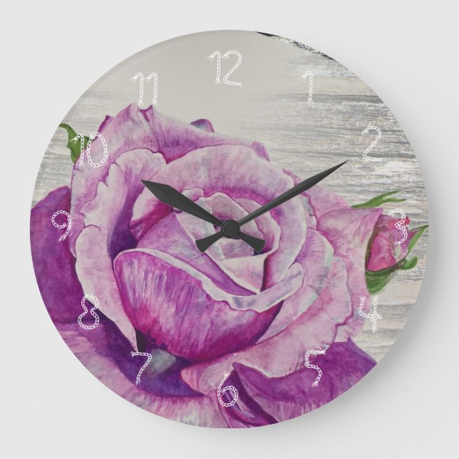 Grande Horloge Ronde Bois rustique Aquarelle Rose violet (Recto)