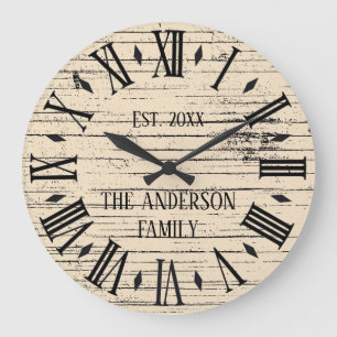 Grande Horloge Ronde Bois rustique en détresse Nom de famille chiffre r