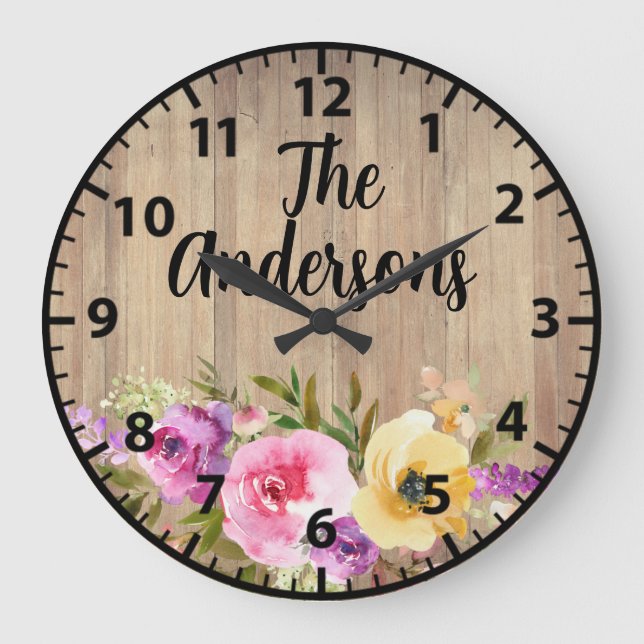 Grande Horloge Ronde Bois Rustique Personnalisé Rose violet Roses Jaune (Recto)