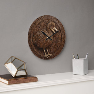 Grande Horloge Ronde Bois sculpté New Zealand Dodo Bird,