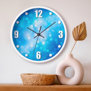 Grande Horloge Ronde Bokeh bleu turquoise ombre points abstraits simple