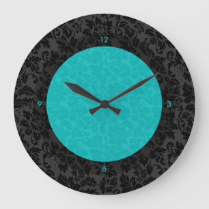Grande Horloge Ronde Bold Elegant Black And Turquoise Floral Damas