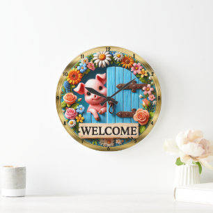 Grande Horloge Ronde Bon Cochon Bienvenue Floral