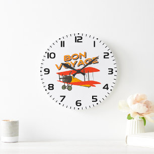 Grande Horloge Ronde Bon Voyage Biplane Avion Vintage