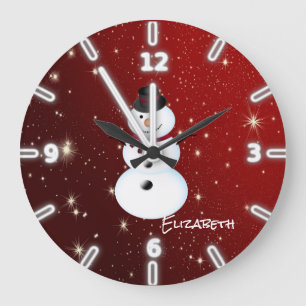 Grande Horloge Ronde Bonhomme de neige adorable, Rouge -Personnalisé