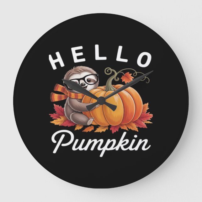 Grande Horloge Ronde Bonjour Citrouille - Jolie Automne Sloth Feuilles  (Recto)