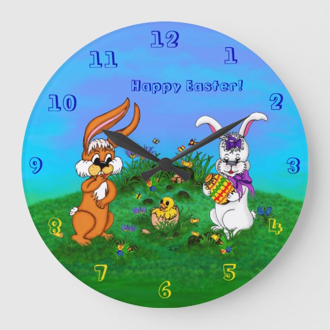 Grande Horloge Ronde Bonne Pâques ! Lapin avec lapin et poussin (Recto)