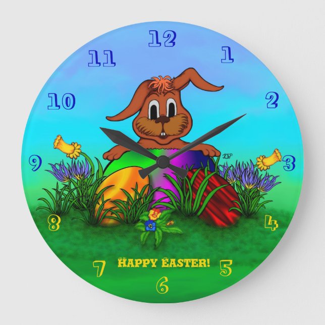 Grande Horloge Ronde Bonne Pâques ! Lapin de Pâques (Recto)