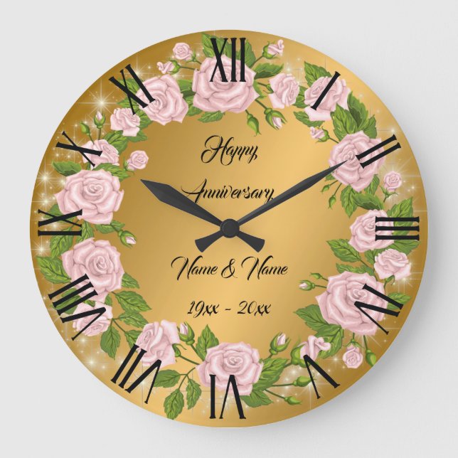 Grande Horloge Ronde Bonne Personnaliser Gold Rose Anniversaire (Recto)