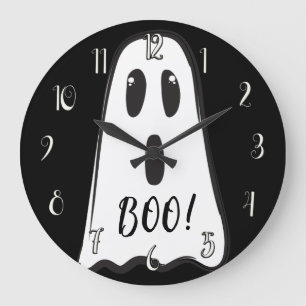 Grande Horloge Ronde BOO ! Éffrayant Ghost Halloween noir blanc