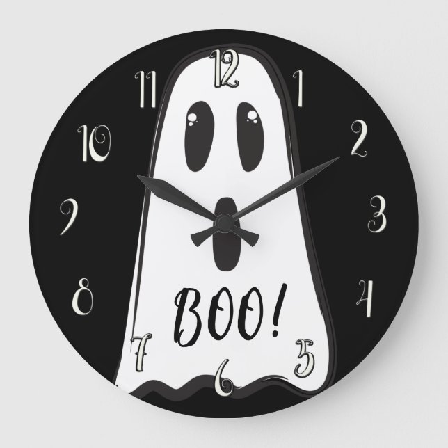 Grande Horloge Ronde BOO ! Éffrayant Ghost Halloween noir blanc (Recto)