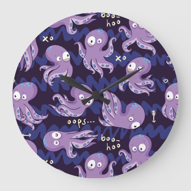 Grande Horloge Ronde Boo Octopus mignon Violet Enfants Vêtements & Déco (Recto)