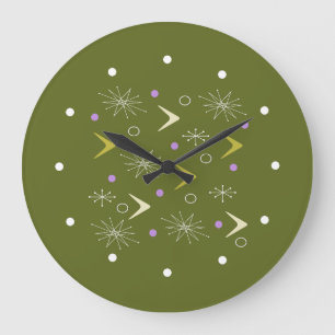 Grande Horloge Ronde Boomerangs du milieu du siècle Starbursts Olive Gr