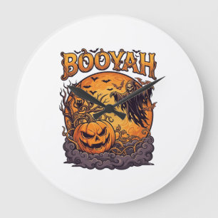 Grande Horloge Ronde Booyah Halloween Citrouille Faucheuse Lune Orange_