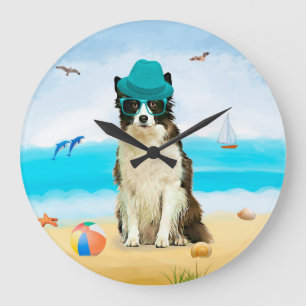 Grande Horloge Ronde Border Collie sur la plage