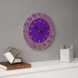 Grande Horloge Ronde Bordure clé grecque violet or Art Déco do-it-yours