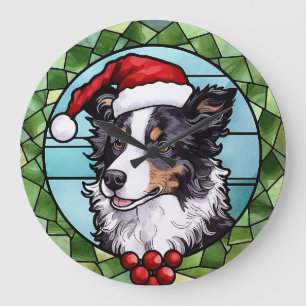 Grande Horloge Ronde Bordure Collie Vitrail Noël