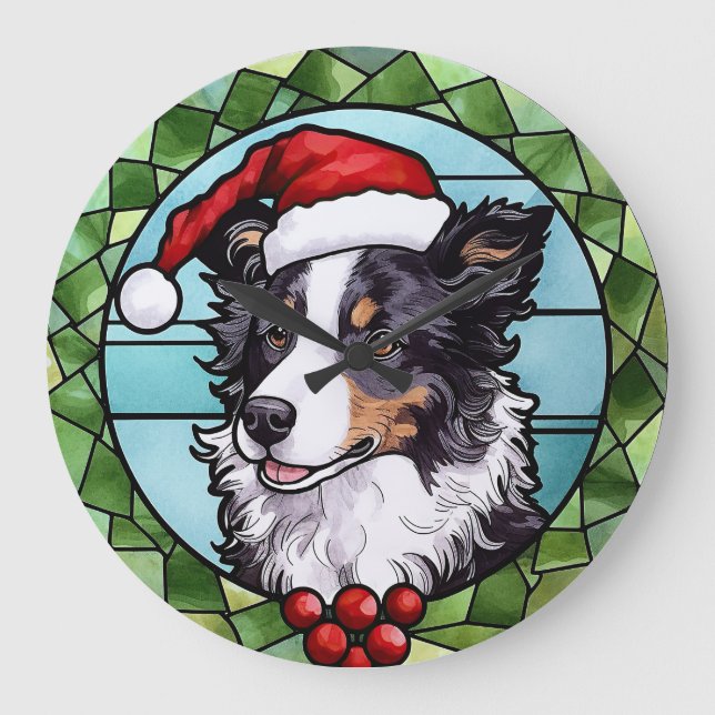 Grande Horloge Ronde Bordure Collie Vitrail Noël (Recto)