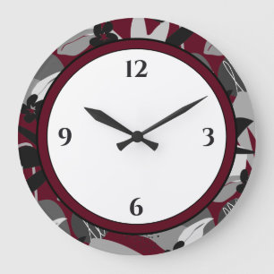 Grande Horloge Ronde Bordure florale moderne de Bourgogne noir et blanc