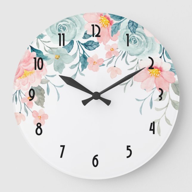 Grande Horloge Ronde Bordure florale rose et verte (Recto)