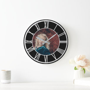 Grande Horloge Ronde Bordure numérique romaine blanche Noir Ajouter la