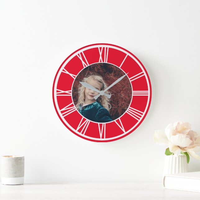 Grande Horloge Ronde Bordure numérique romaine blanche rouge Ajouter la (Maison)