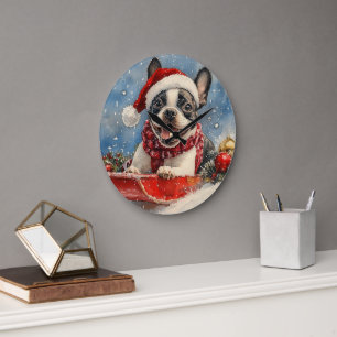 Grande Horloge Ronde Boston Terrier Dog in Sledge Let it Neige Noël