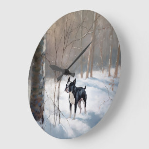 Grande Horloge Ronde Boston Terrier Laisser neiger Noël