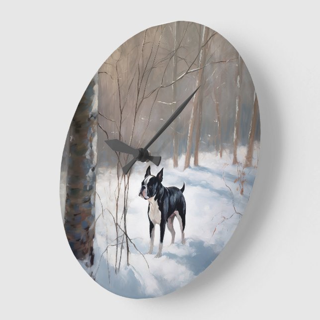 Grande Horloge Ronde Boston Terrier Laisser neiger Noël (Angle)