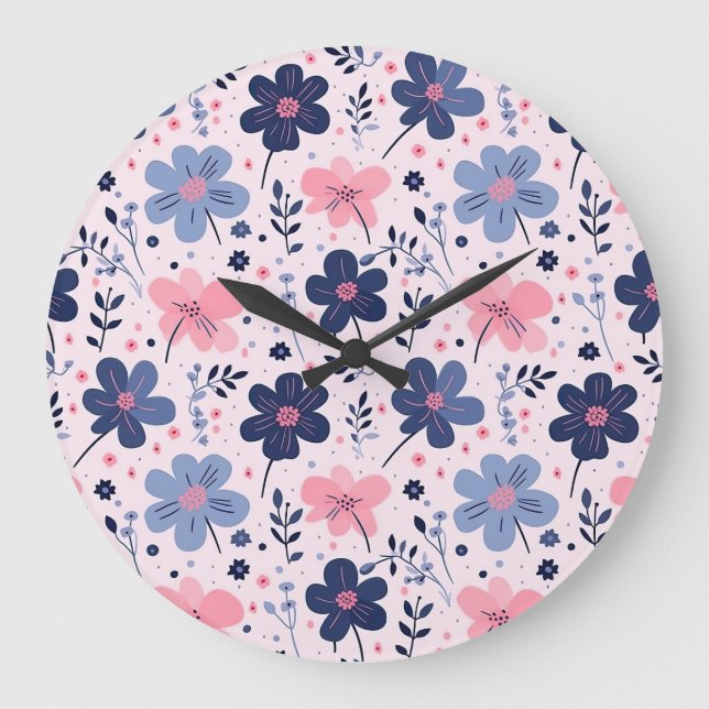 Grande Horloge Ronde Botanical Pink And Blue Flowers Nature Print (Recto)