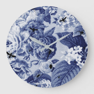 Grande Horloge Ronde Botanique vintage et insectes Toile floral de bleu