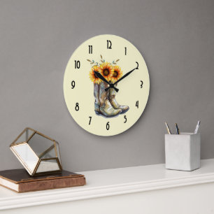 Grande Horloge Ronde Bottes rustiques Cowboy avec tournesol