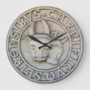 Grande Horloge Ronde Boucher médiéval Relief avec vache et taureau