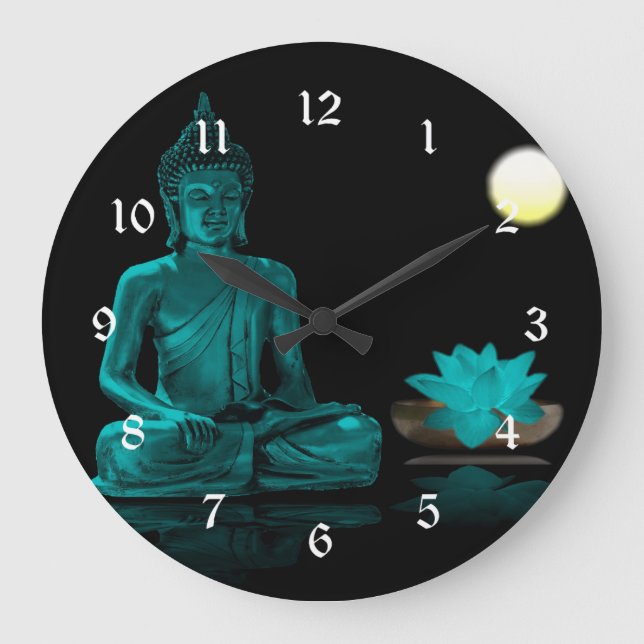 Grande Horloge Ronde Bouddha turquoise Méditant sous Pleine lune (Recto)