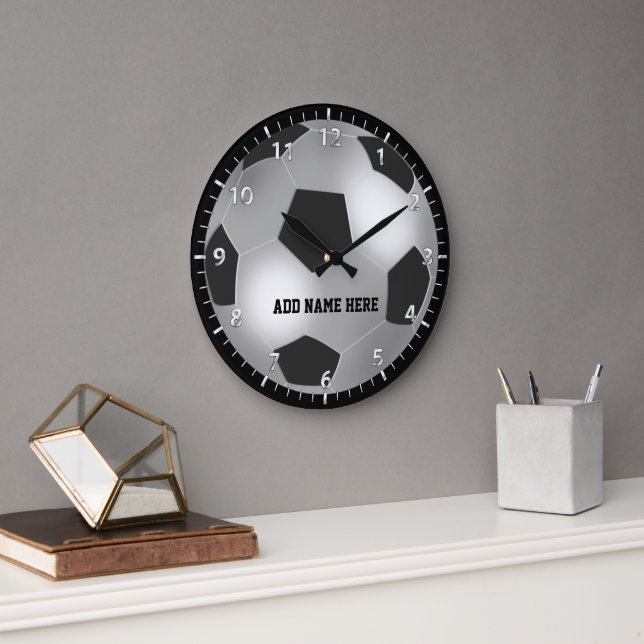 Grande Horloge Ronde Boule de soccer en argent personnalisable (Bureau)