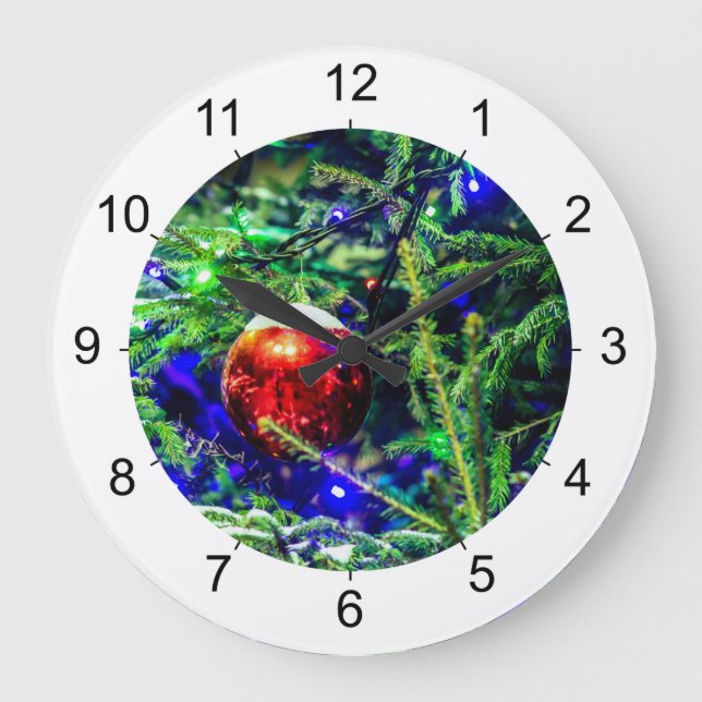 Grande Horloge Ronde Boule rouge arbre de Noël vert (Recto)