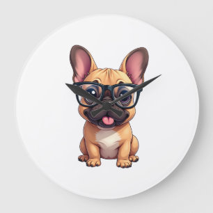Grande Horloge Ronde Bouledogue français portant des lunettes