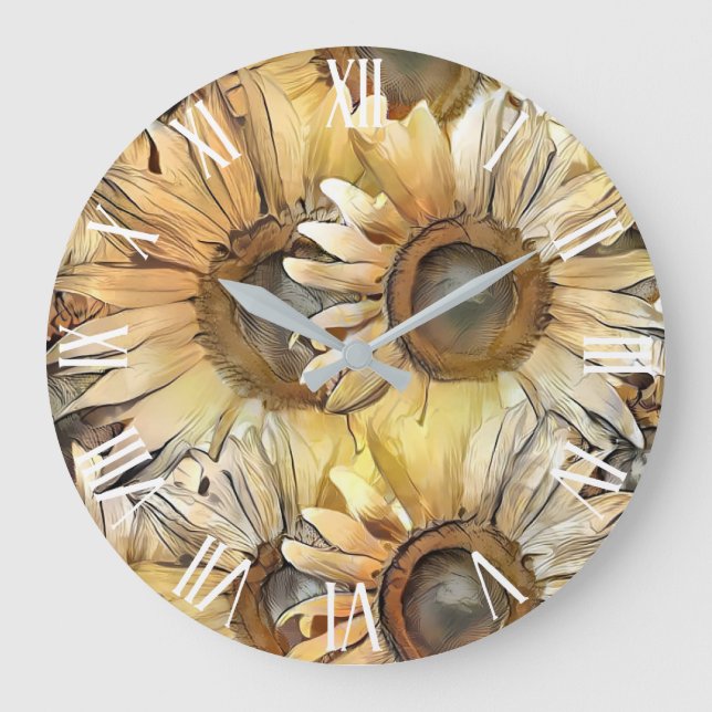 Grande Horloge Ronde Bouquet d'aquarelle Collection de fleurs de soleil (Recto)