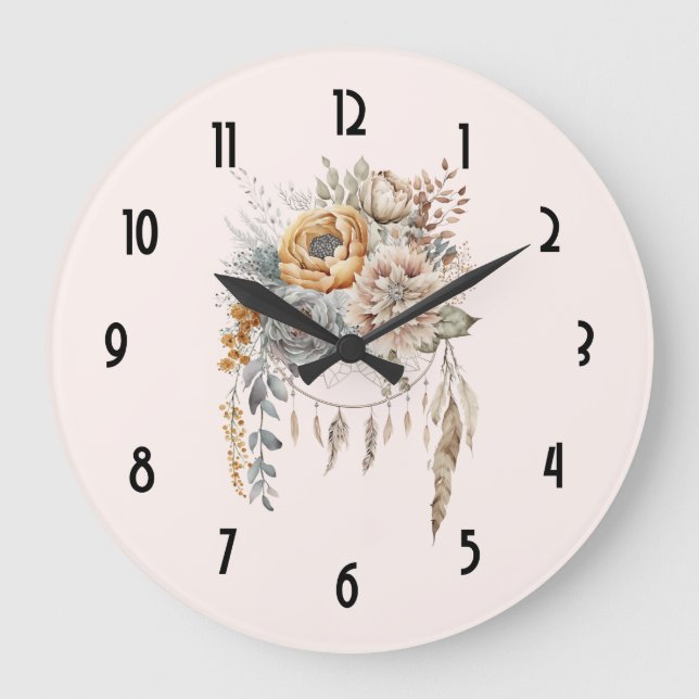 Grande Horloge Ronde Bouquet de fleurs Boho et Dreamcatcher (Recto)