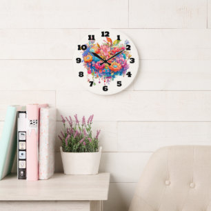 Grande Horloge Ronde Bouquet de fleurs d'été Whimsical Boho