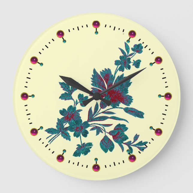 GRANDE HORLOGE RONDE BOUQUET DE FLEURS VERT BLEU AVEC CARNATION (Recto)